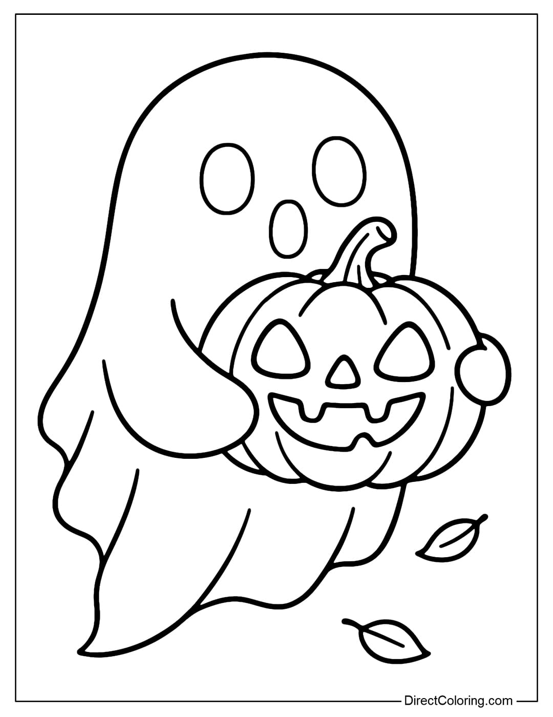 A ghost coloring page holding a small Jack-o'-lantern pumpkin, with a funny surprised face.