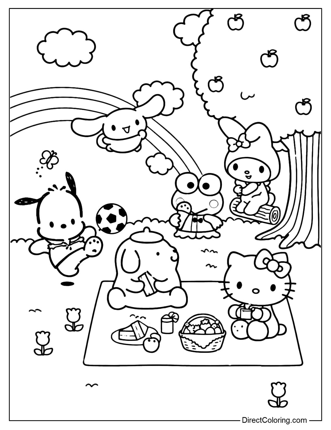 Coloring page featuring Sanrio characters on a picnic under a rainbow and an apple tree.