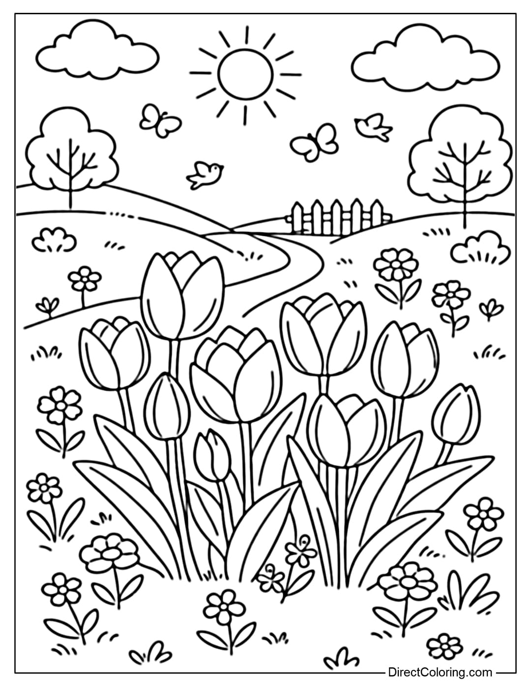 A coloring page of a simple tulip field with sunshine and birds flying.