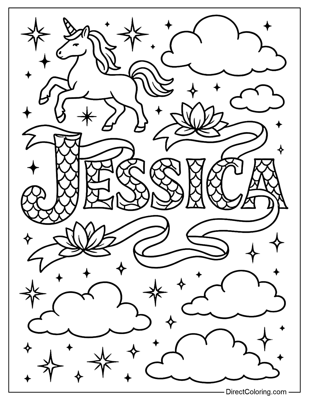 Jessica name coloring page with Fantasy style - letters are decorated with dragon scales, lotus flowers, soft ribbons and glowing stars. Surrounded by details such as unicorns, purple clouds, and sparkling rays of light, creating a magical, soaring space.