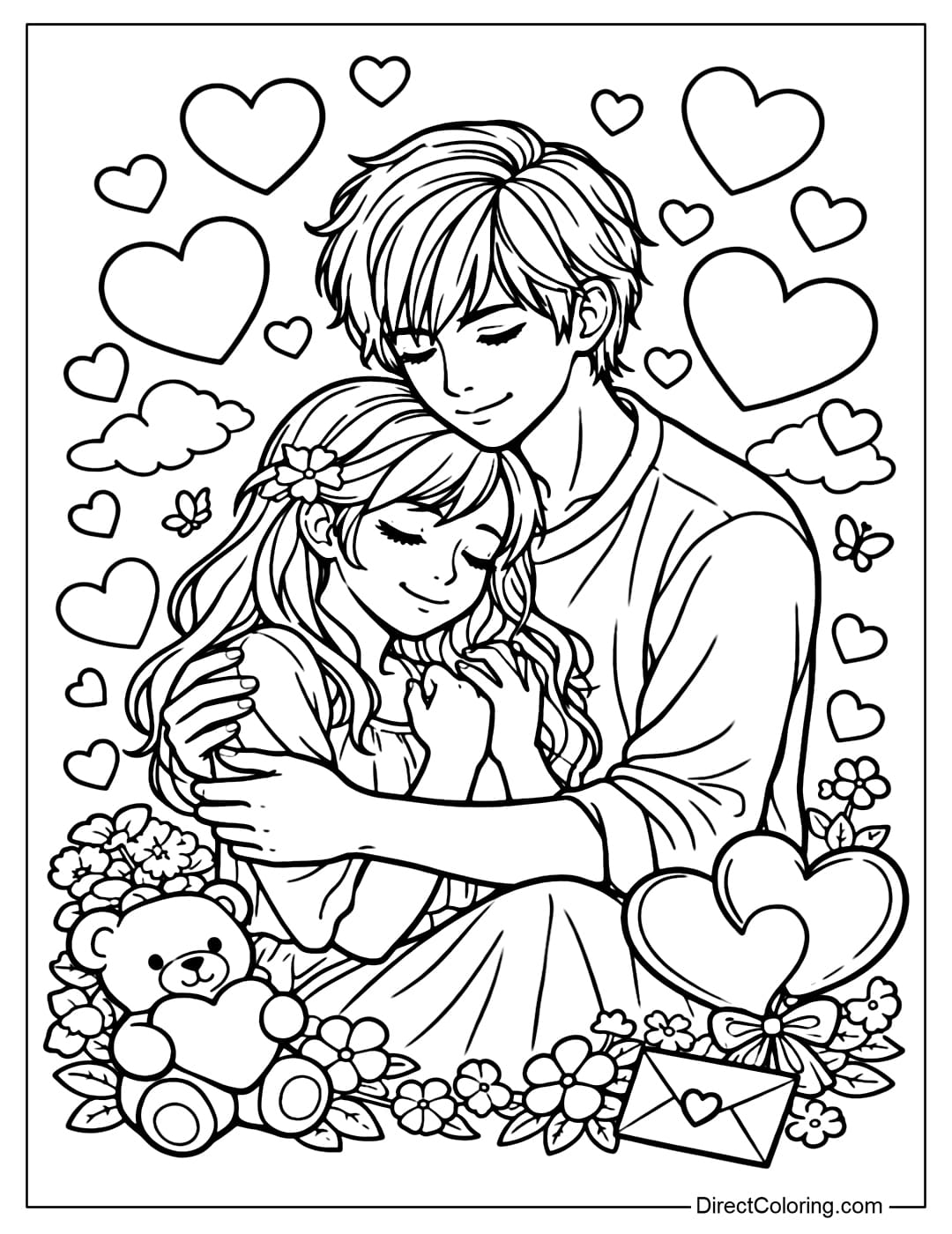 Coloring page of a tender love scene: a boy embracing a girl, surrounded by a rounded heart.