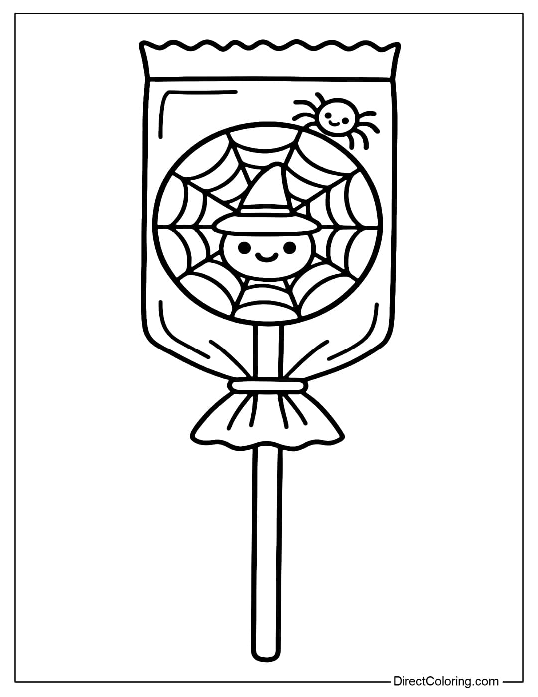 Long candy stick coloring page, transparent wrapper revealing the candy inside with spider web pattern