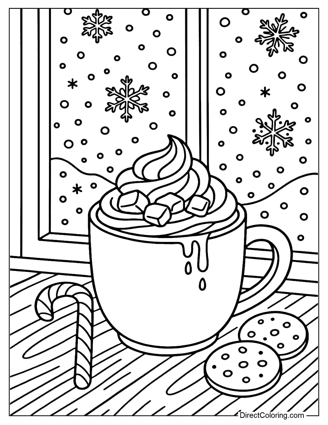 A hot cocoa coloring page on a wooden table with cookies and candy canes by the window, outside is a snowy scene.