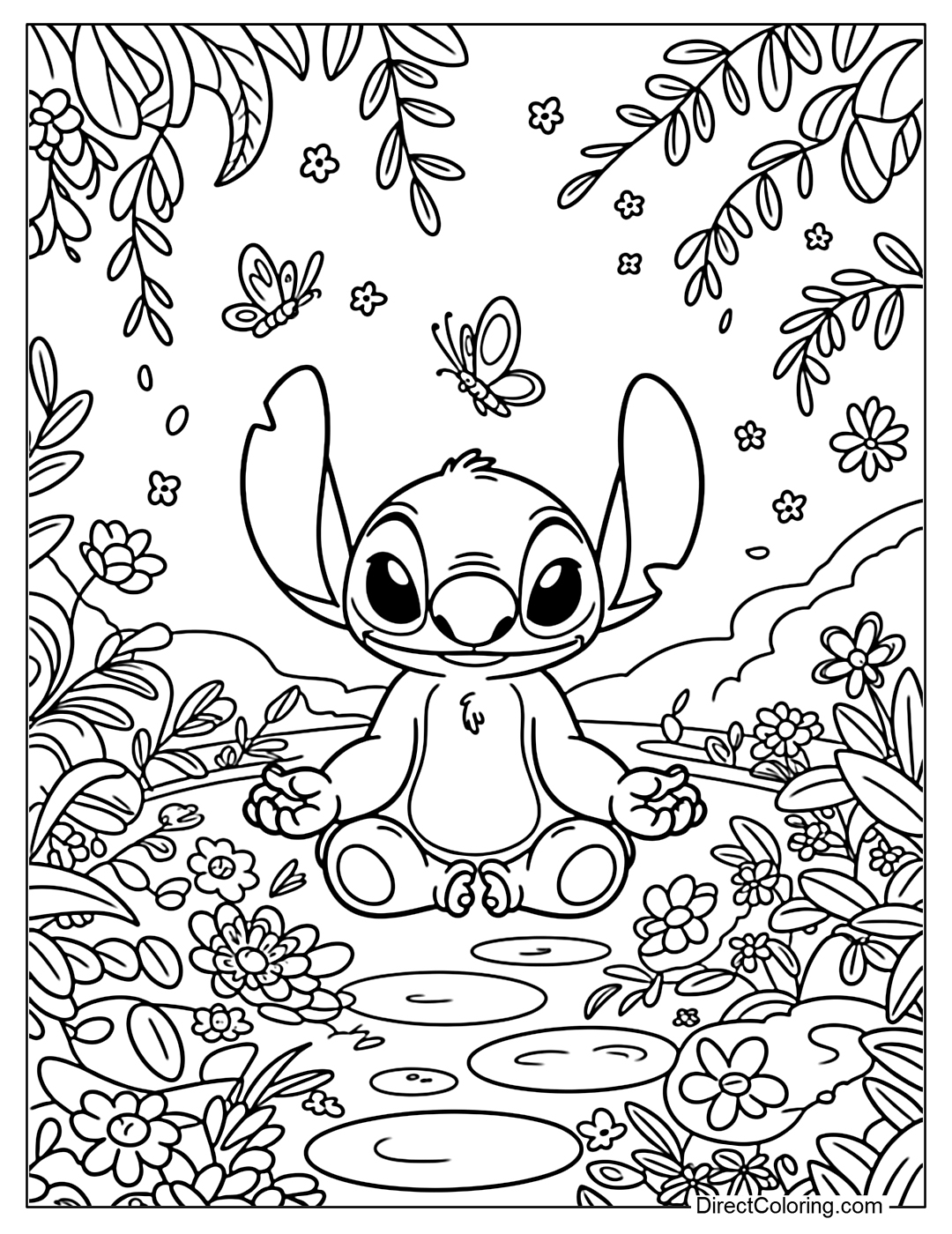 Stitch Coloring Page is meditating in the middle of a peaceful garden of leaves, with a gentle breeze blowing, and a background of gently falling flowers.