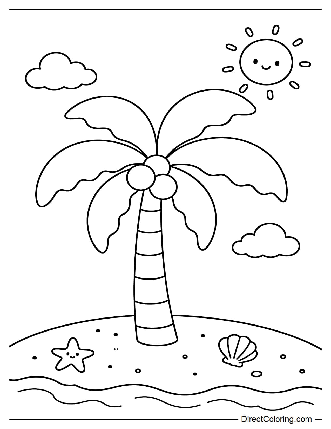 A simple palm tree with a straight trunk and a few large, softly curved leaves, with the sun above and sand below.