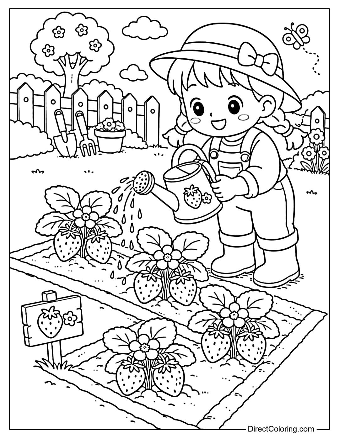 Coloring page of a baby watering a strawberry plant in the garden.