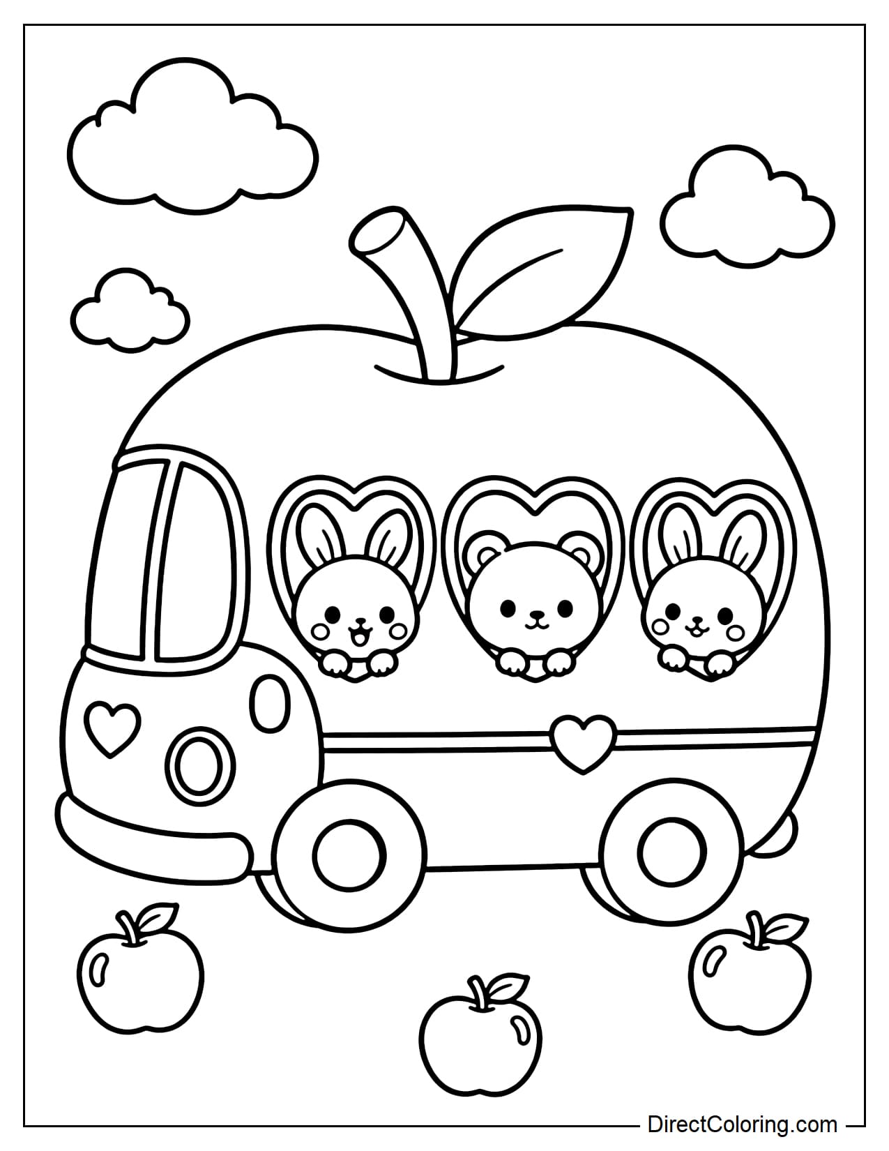 A round, apple-shaped school bus with a stem and leaves, heart-shaped windows, two rabbits and a bear looking out, surrounded by clouds and small apples.