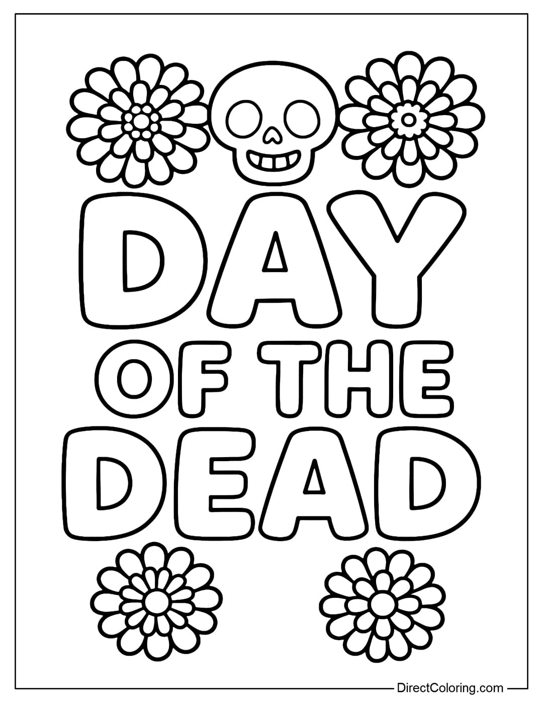 Day of the Dead Floral Coloring Page, with some marigolds and a small skull on top.