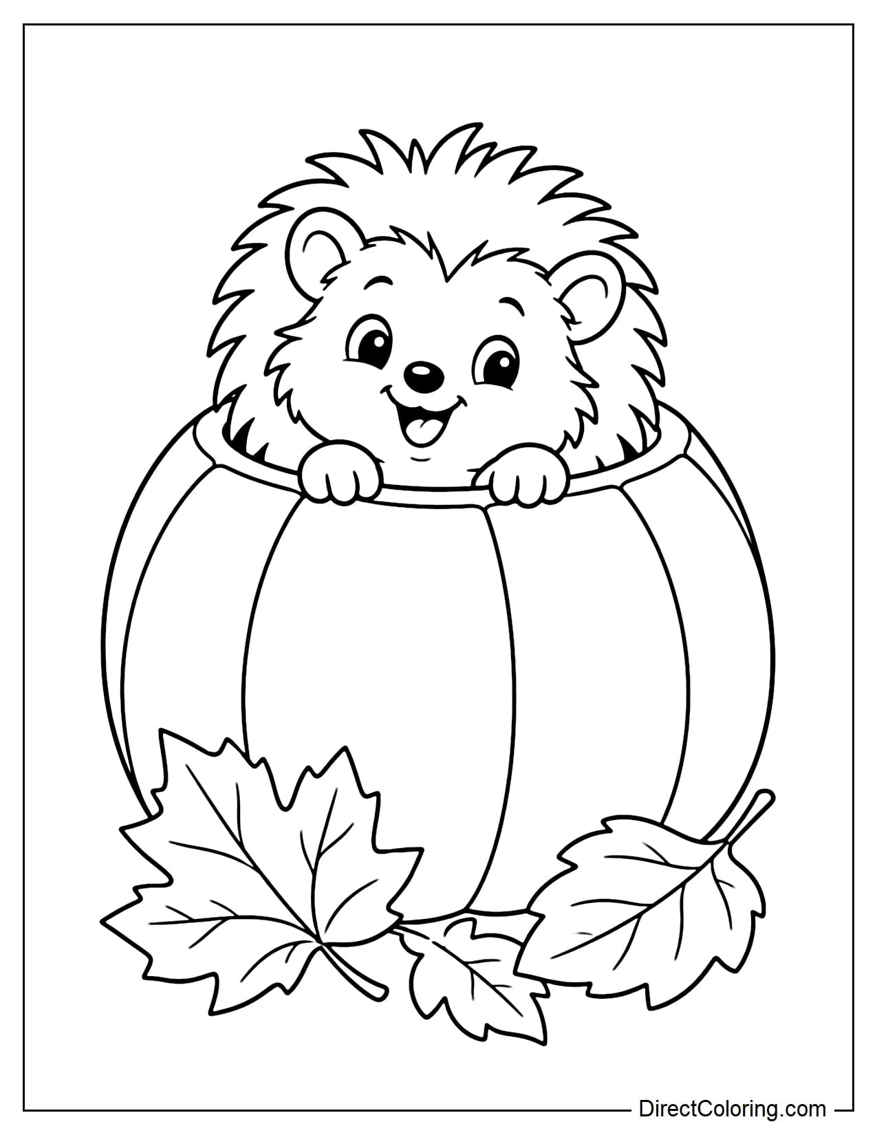 A cute hedgehog peeking out of a large hollow pumpkin with its head and two paws showing, wearing a playful, cheerful expression, with a few large autumn leaves below.