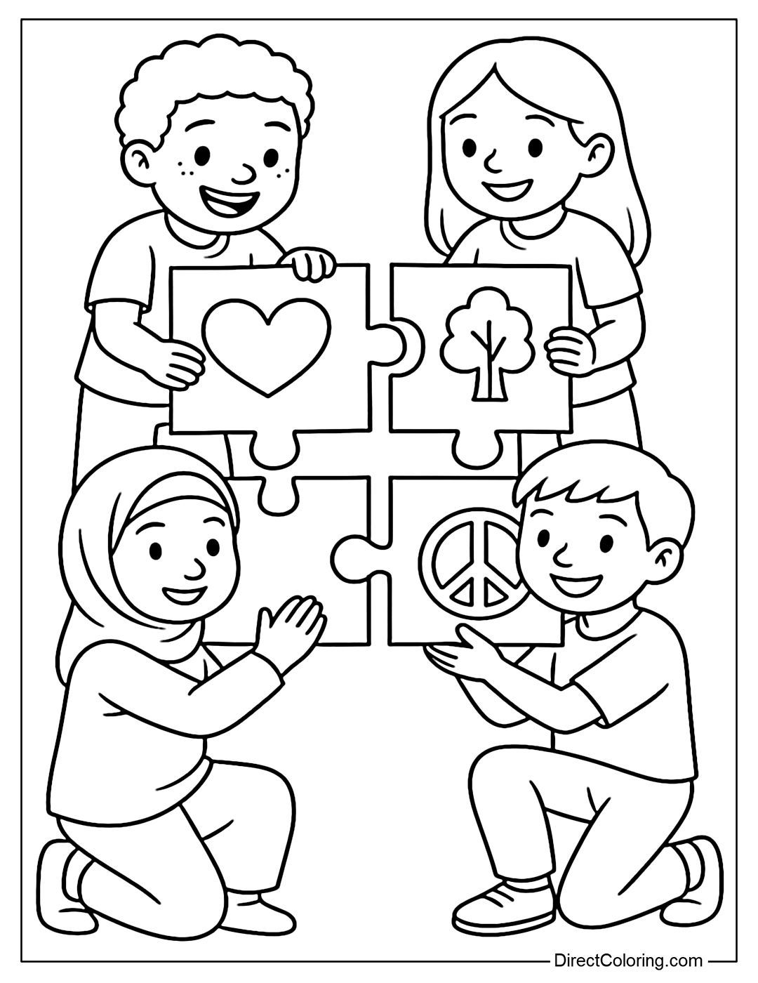 Coloring page of children assembling puzzle pieces of hearts, trees, peace symbols.