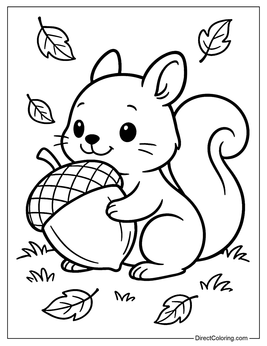 Coloring page of a little squirrel holding an acorn twice as big as its body, sitting on the soft grass,