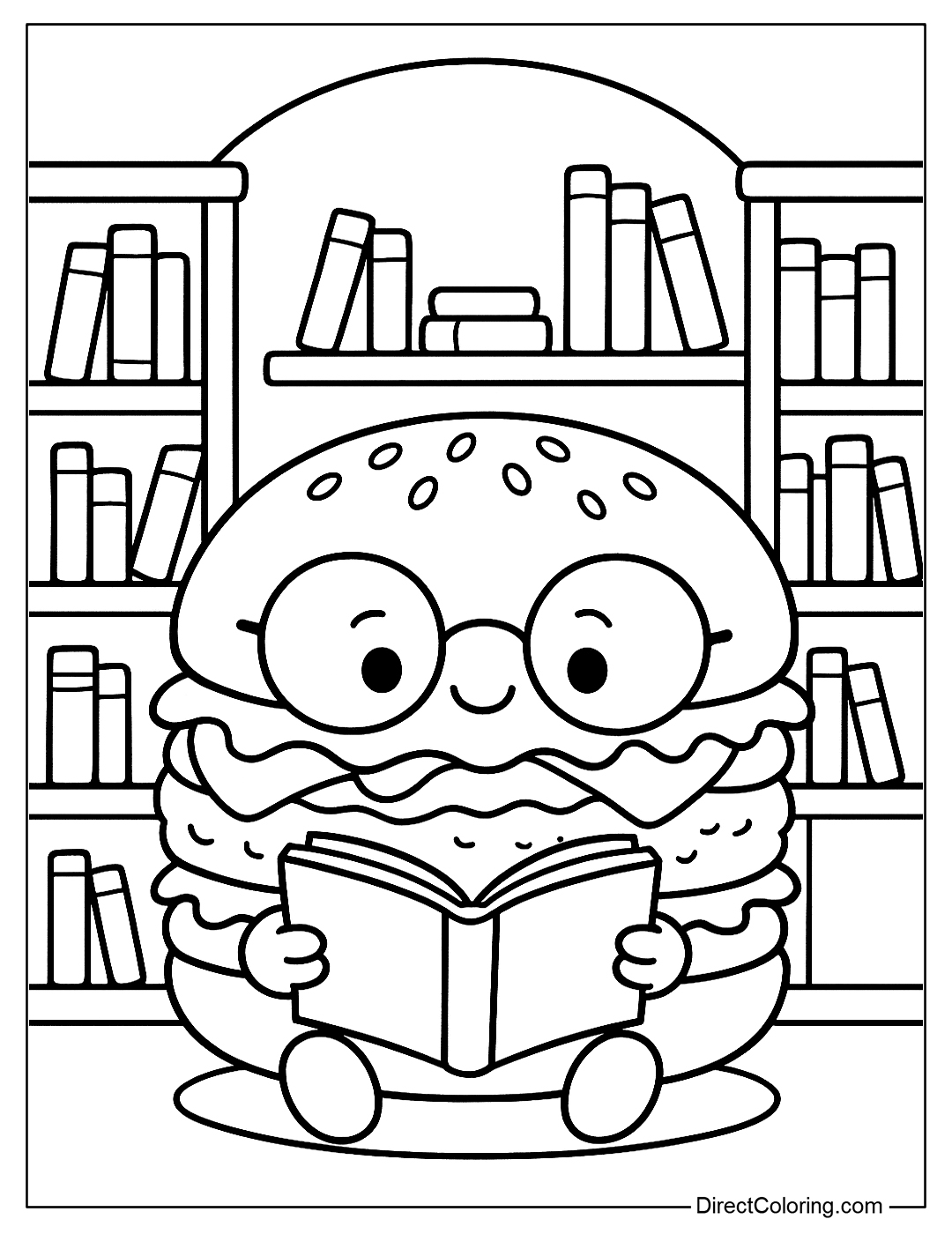 a coloring page of a hamburger reading a book in a mini library with round glasses