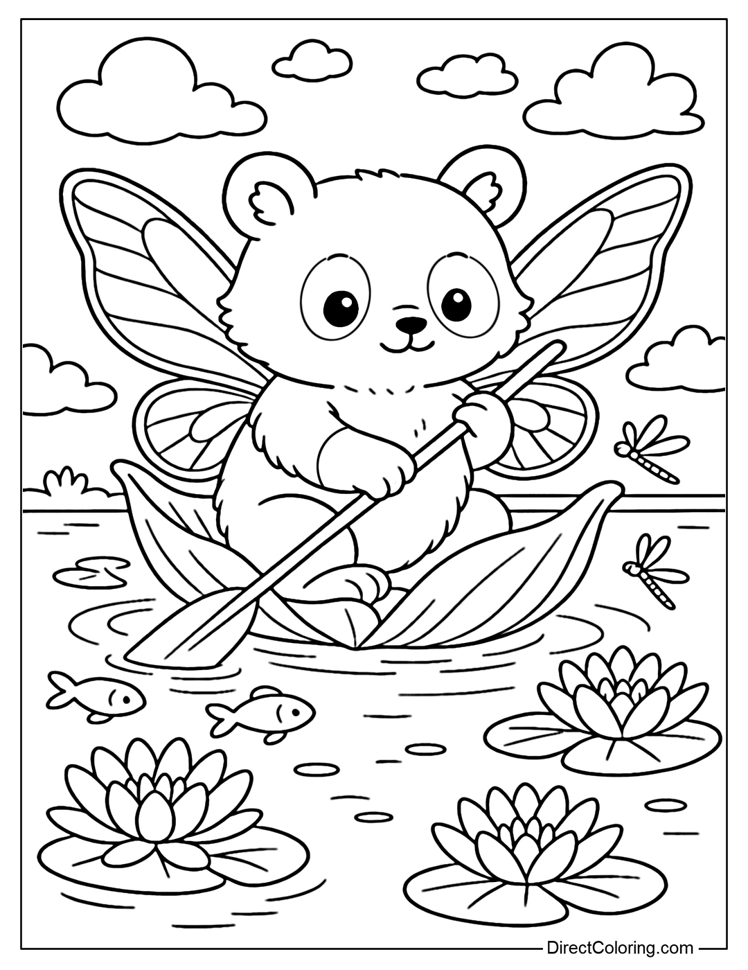 A coloring page of a little raccoon with fairy wings, rowing a boat made of yellow petals on a small lake.
