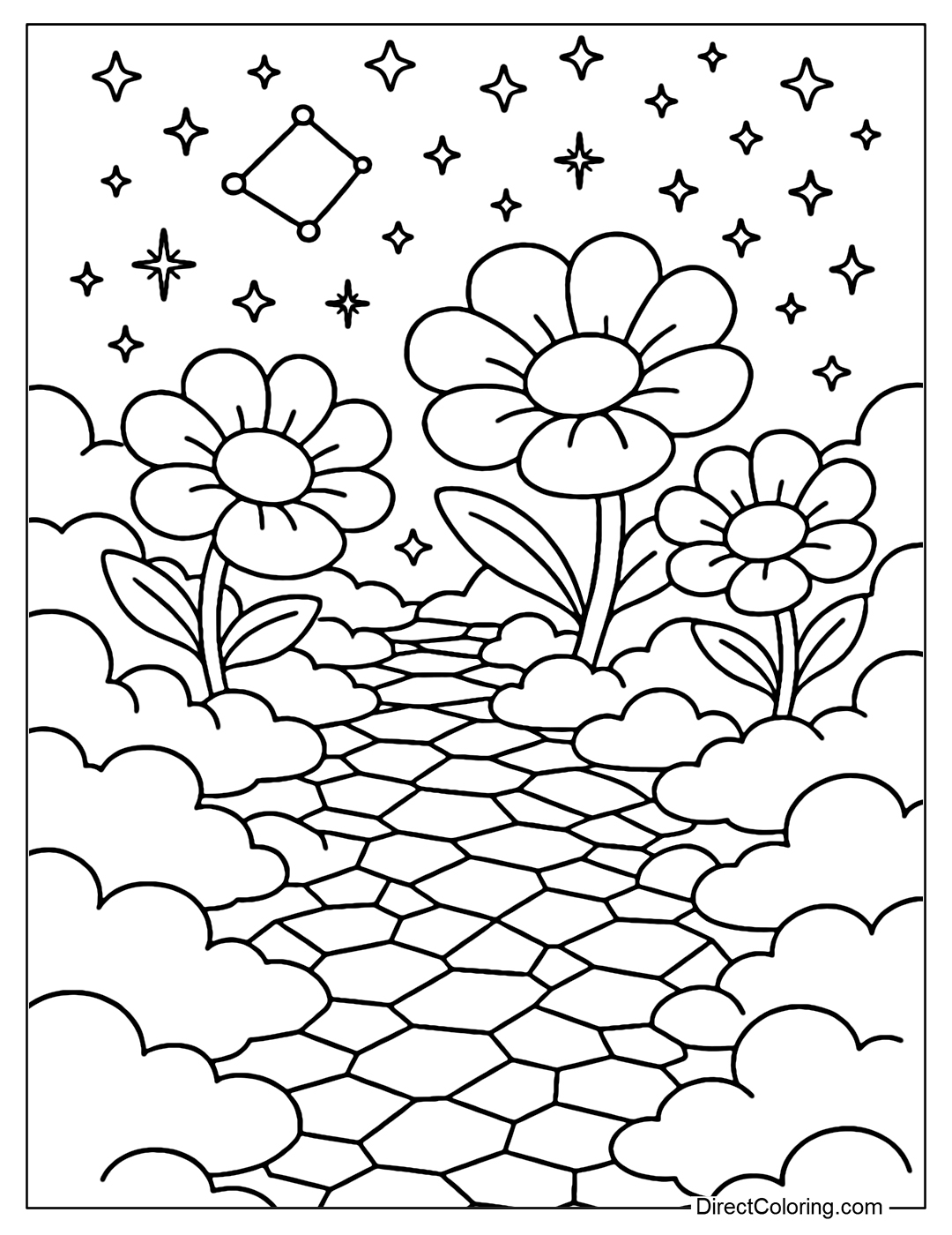 Coloring page of a garden on the clouds shining with stars, the path paved with crystal stones, giant flowers blooming.