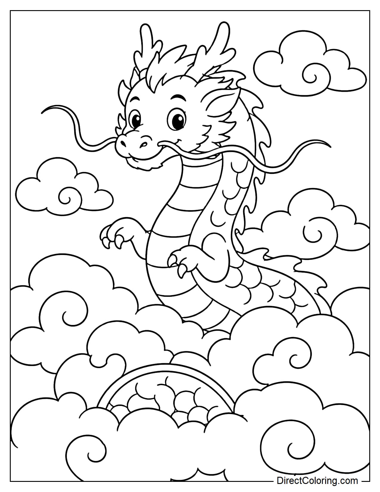A long Eastern dragon is peeking through many large layered clouds, with its head and upper body clearly visible in front and many curling cloud clusters around it.
