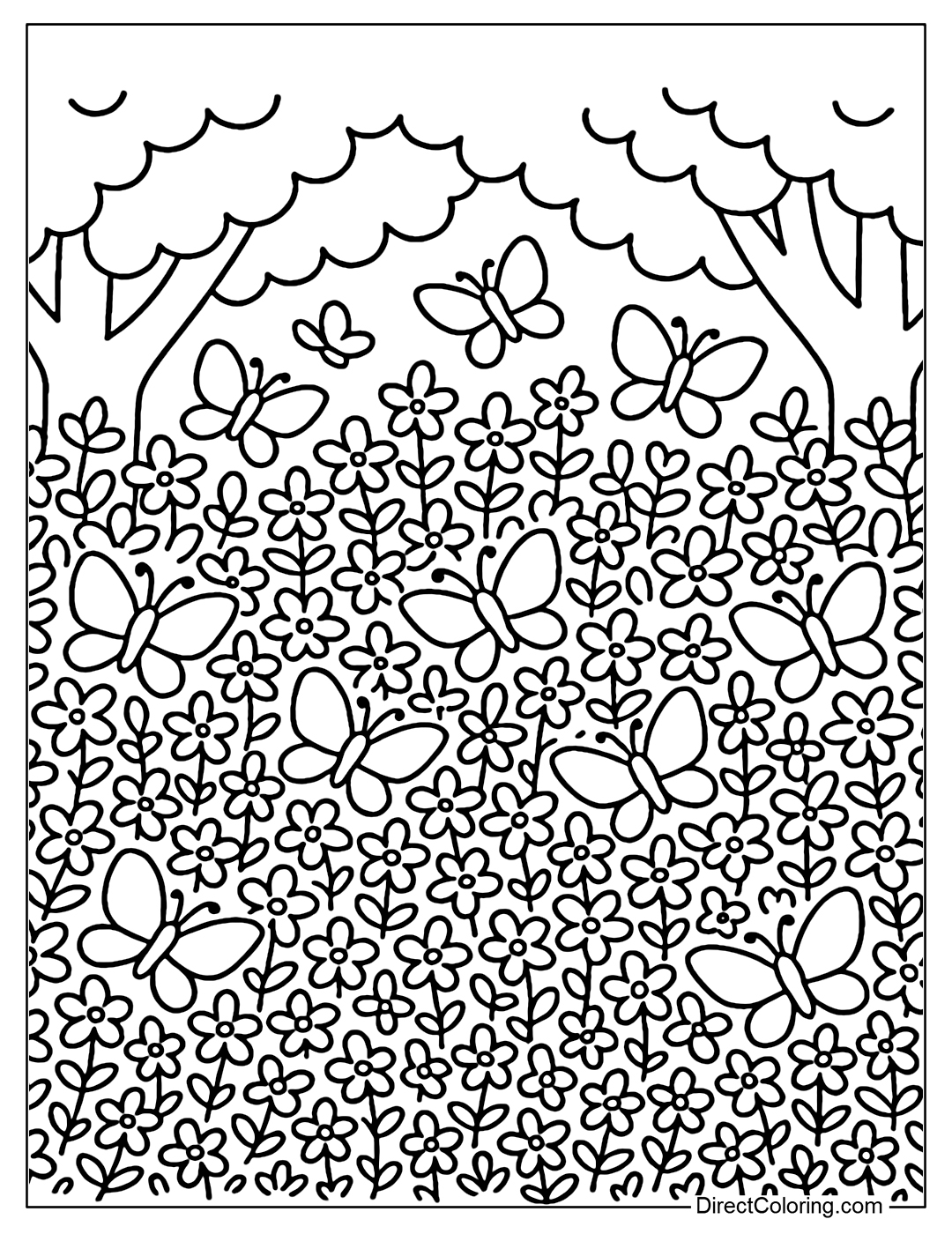 A garden coloring page covered with foliage, under the canopy are hundreds of butterflies densely perched on the branches and flowers, creating the feeling of a vivid butterfly dome.