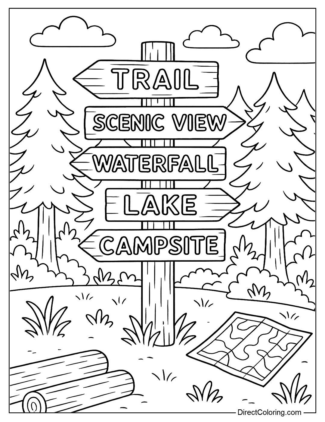 a coloring page of a hiking sign with lots of fun directions in the forest.