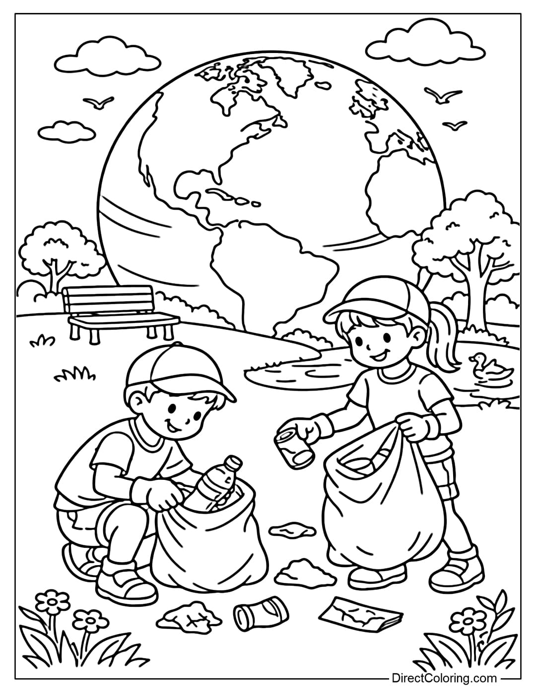 A coloring page with an Earth in the background and two children cleaning up trash in the park.