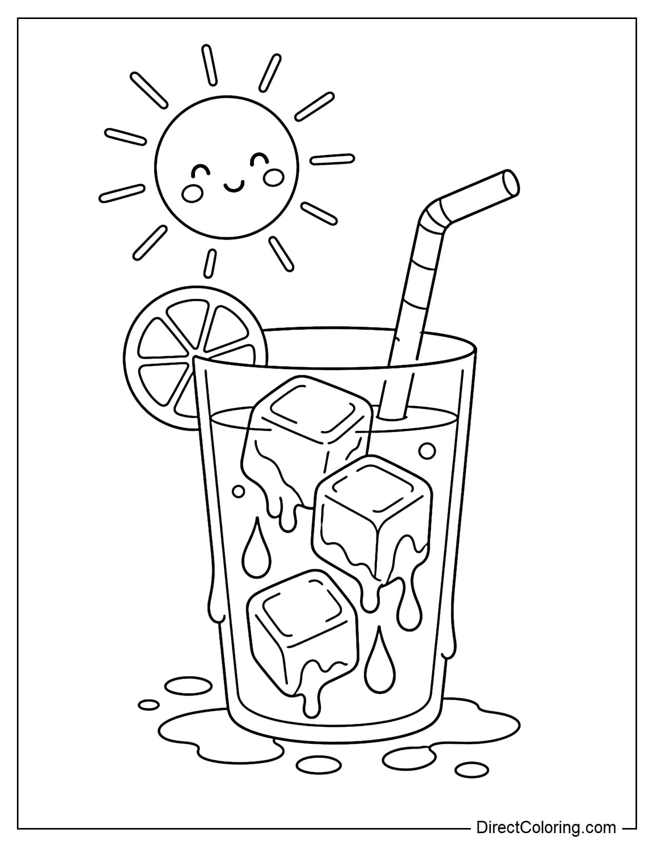 A glass of water with large ice cubes melting into droplets, with the summer sun above.