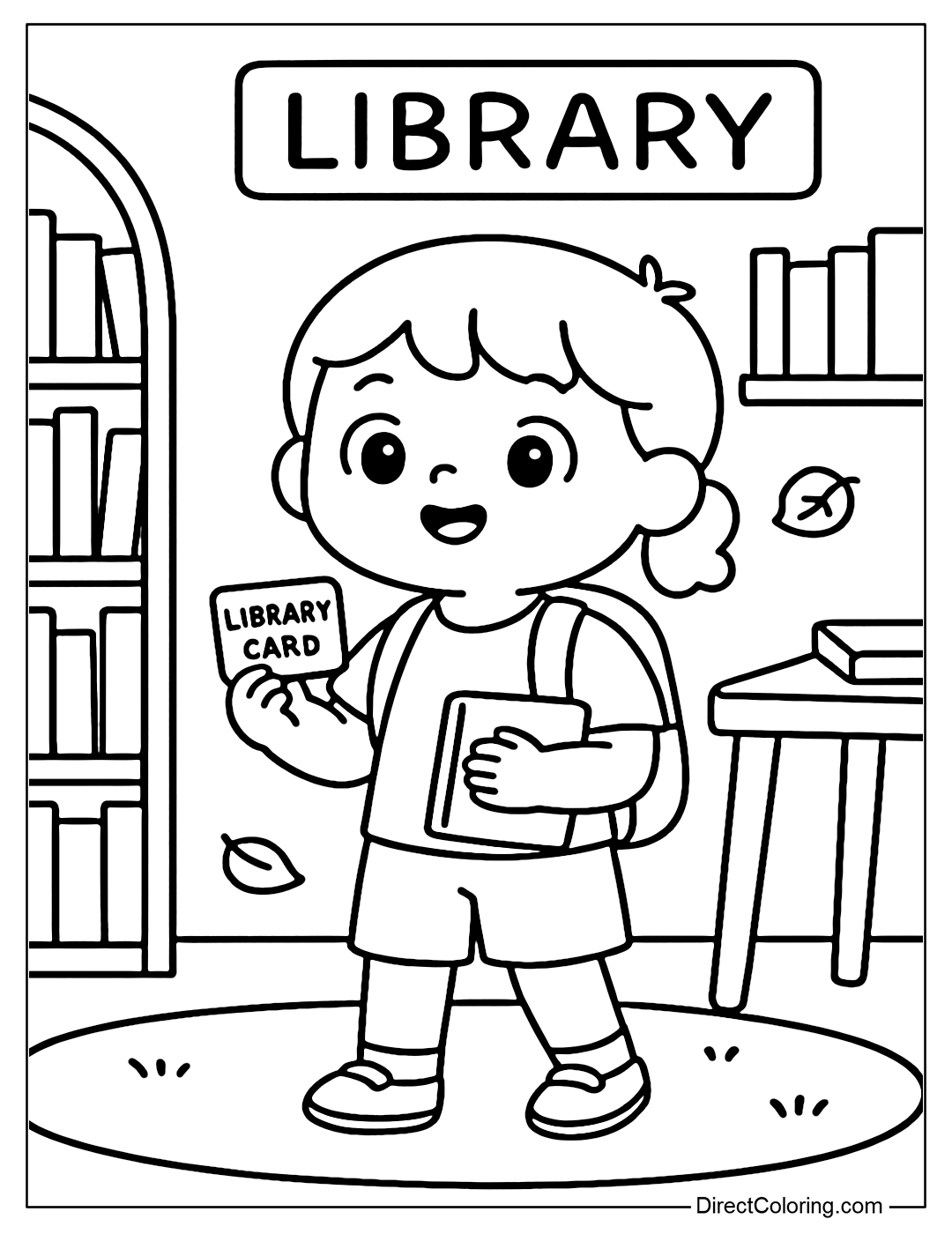 Coloring Page The baby stands in front of the library for the first time to borrow books. Holding a library card in hand, eyes wide open to explore, the space inside has bookshelves and a reading table.