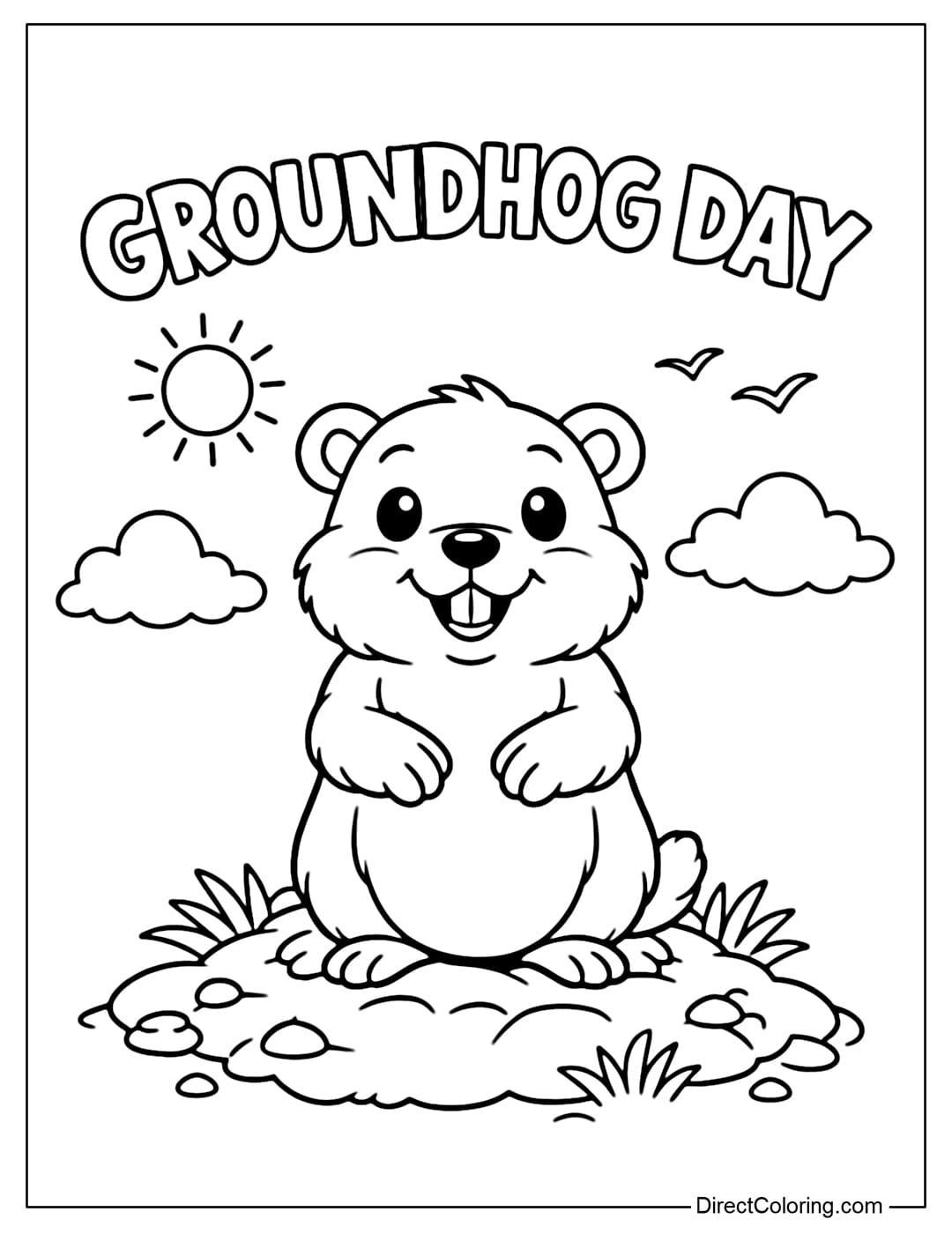 A coloring page of a cute groundhog with the words 