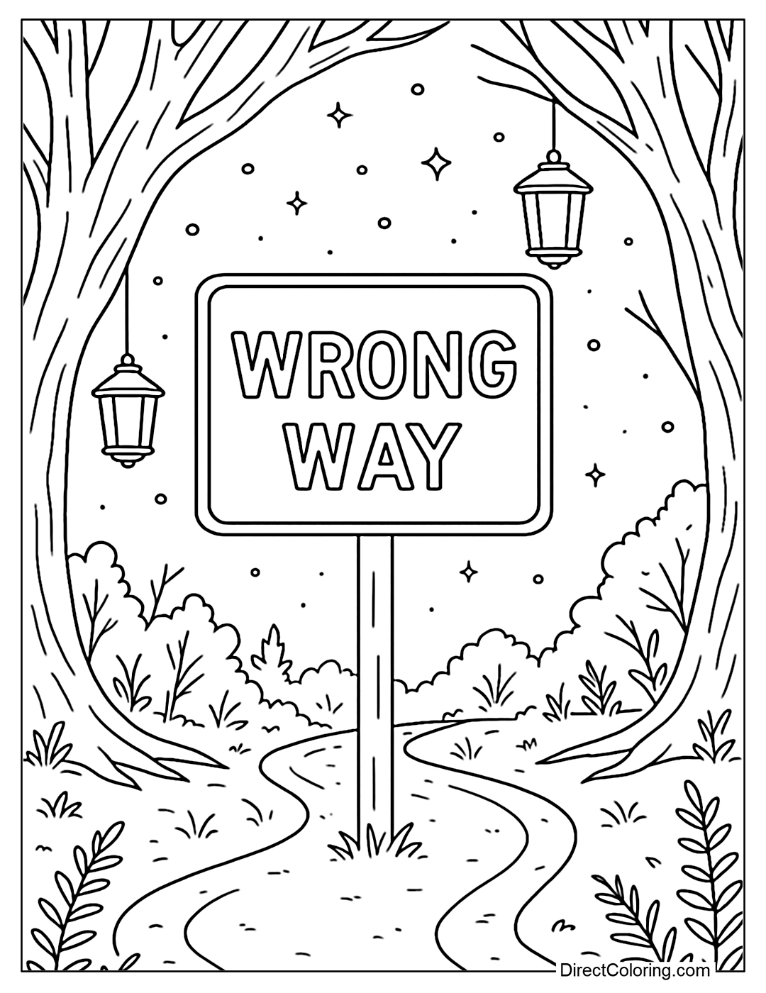The wrong way sign coloring page in the middle of a dreamy forest, with a dim path and flying lanterns hanging on the tree branches, the sign glows softly in the middle of a mysterious scene.