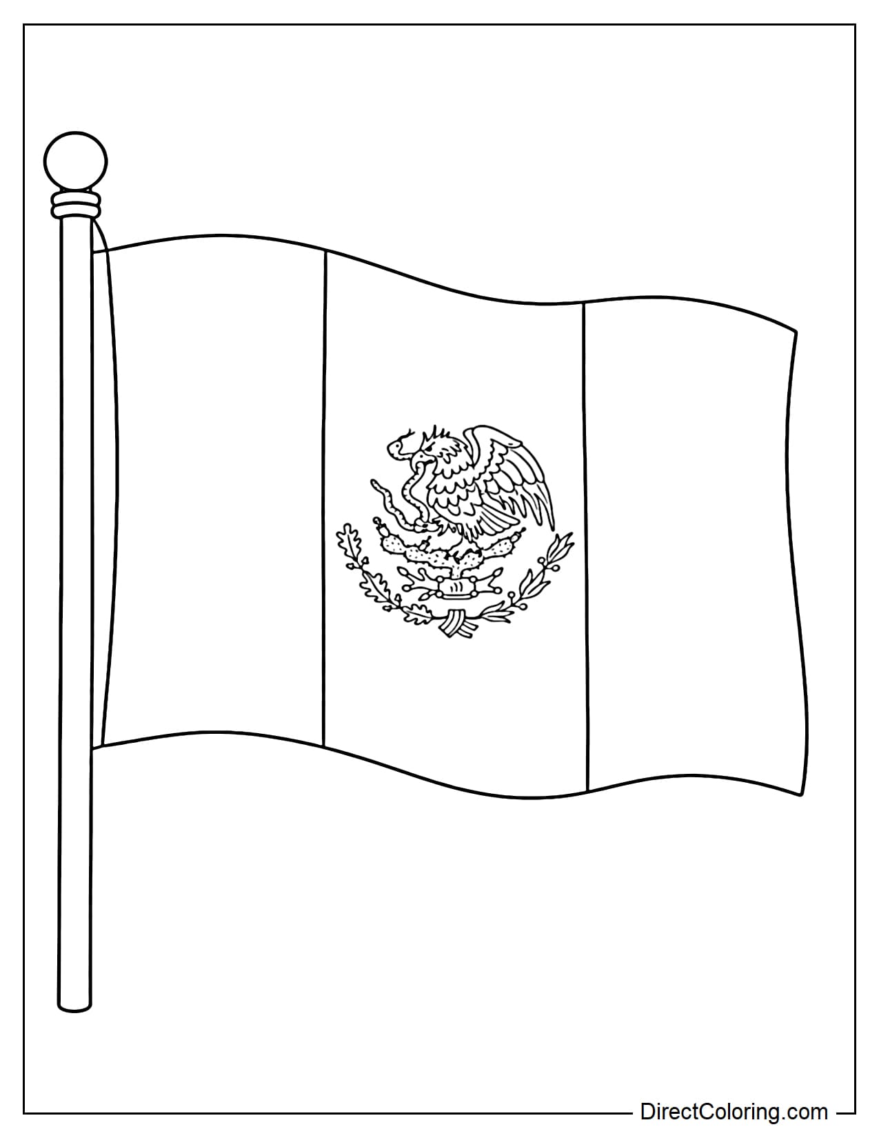 The image shows the Mexican flag with an eagle clutching a snake perched on a cactus, flying atop a flagpole.