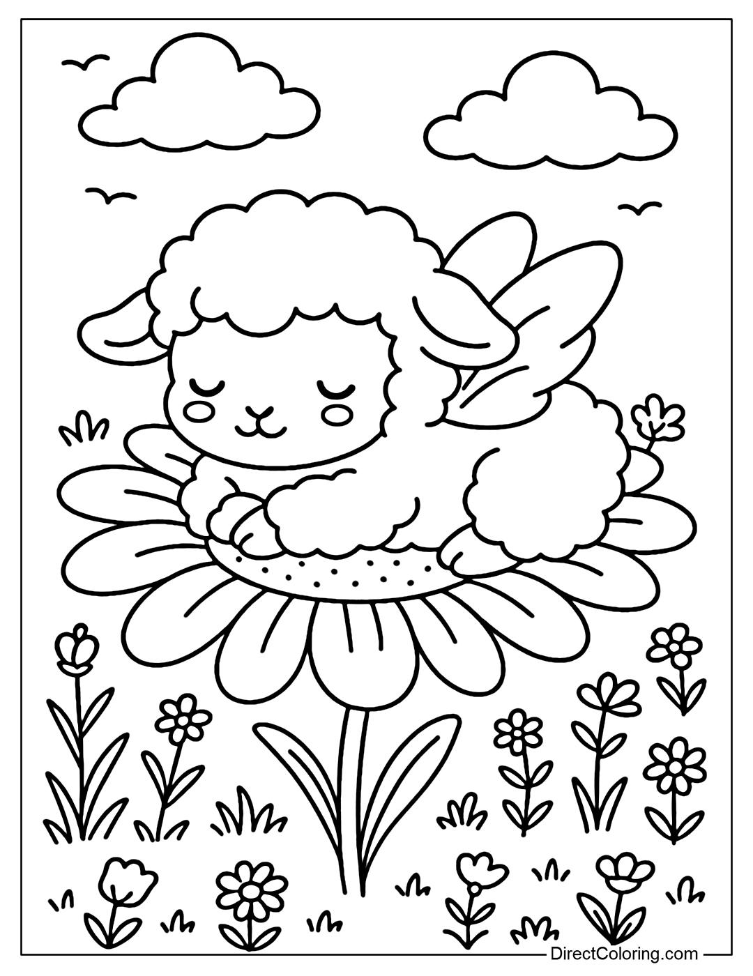 A fluffy white lamb coloring page with soft pink fairy wings, lying with its head on a big daisy in the middle of a spring meadow.