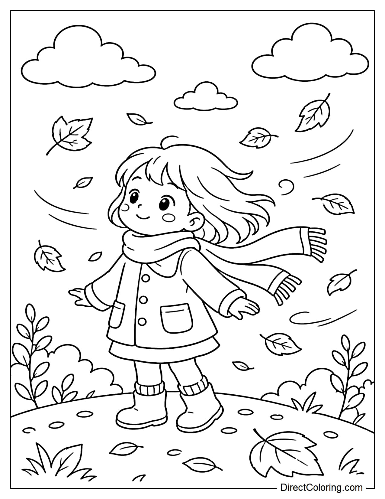 A little girl in a light coat and scarf stands to welcome the first autumn breeze, with leaves swirling around her and a few clouds.