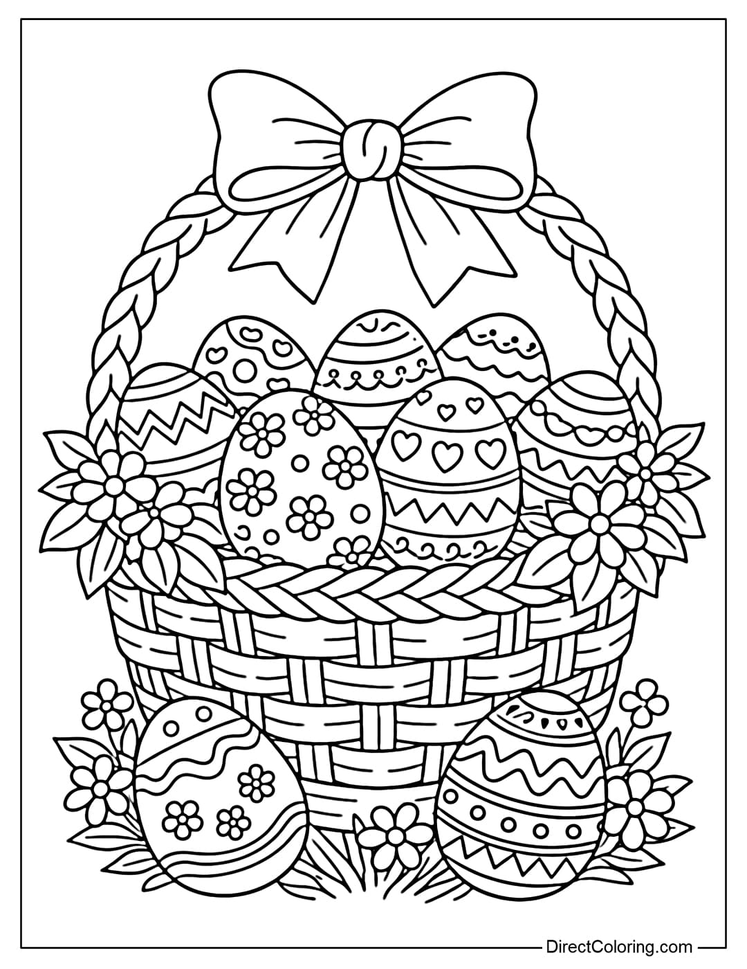 A coloring page of an Easter egg basket with many decorative details and a cute bow.