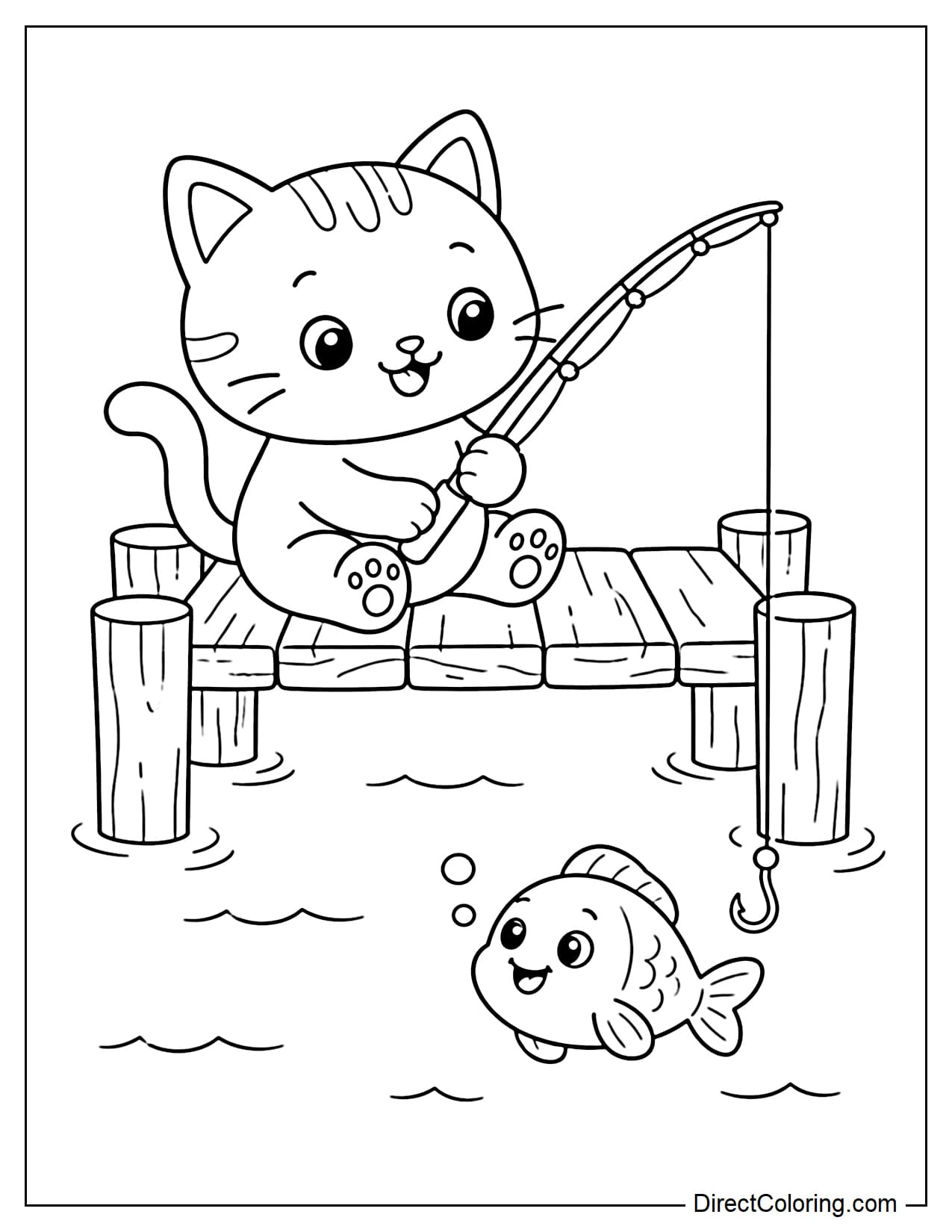 A cat sits on a wooden dock fishing, with the fish's face showing a funny expression underwater.