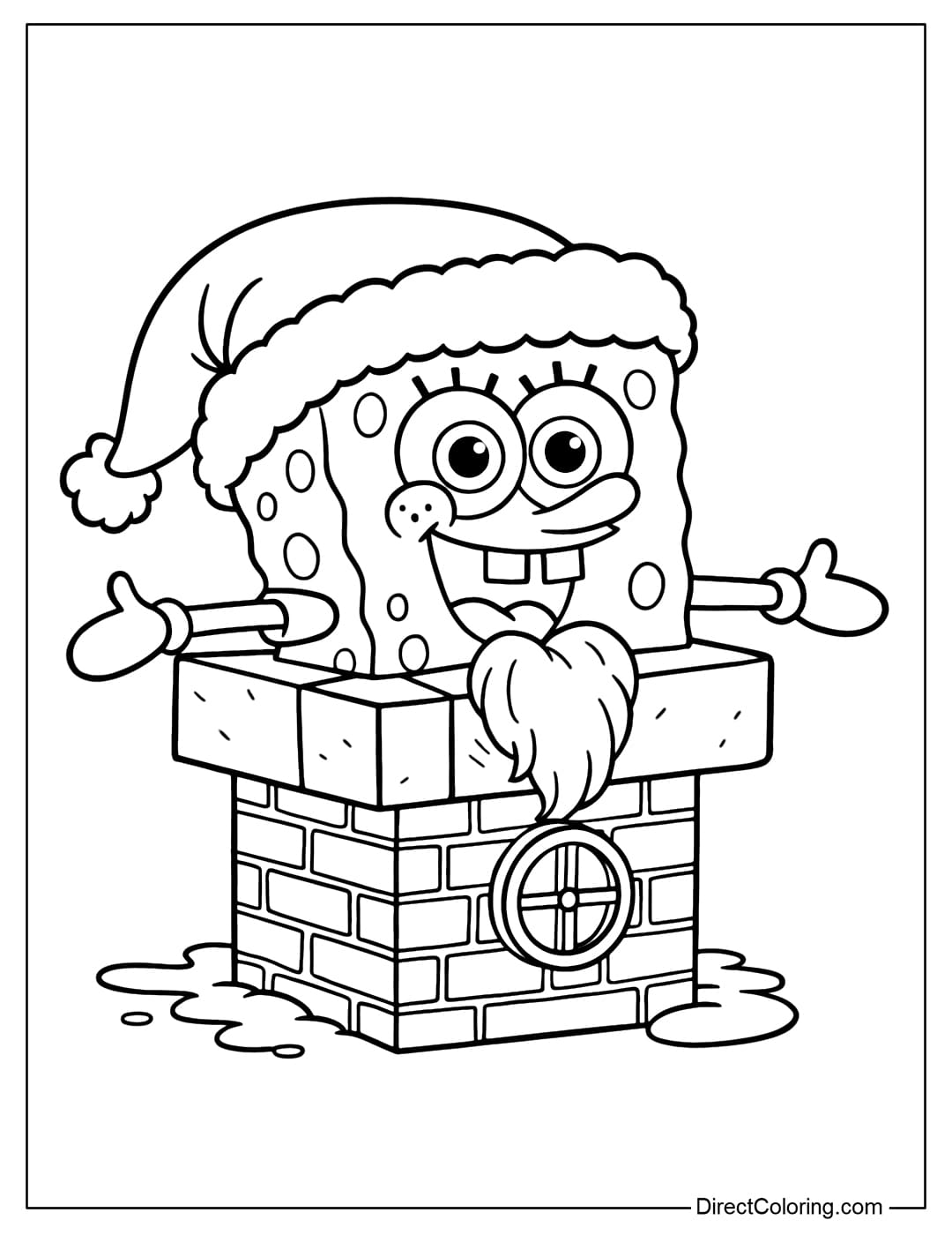 Coloring page SpongeBob dressed as Santa, popping out of a brick chimney with a big smile and fluffy beard.