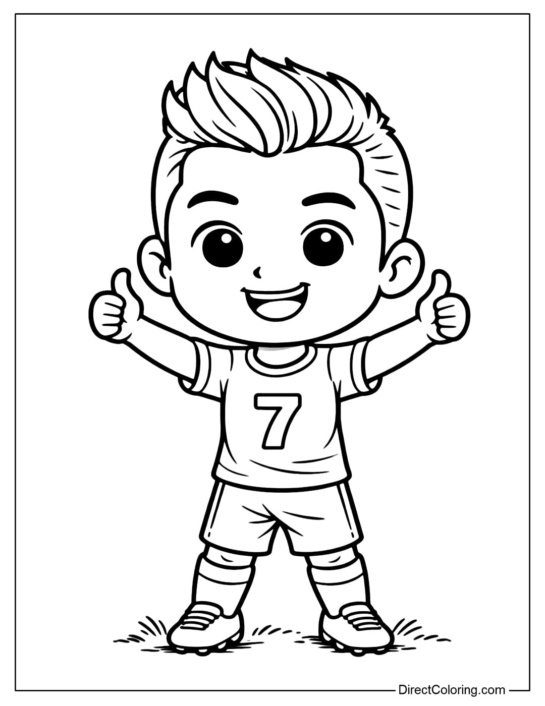 Coloring page of Cristiano Ronaldo in a chibi style, with a funny standing pose and wearing the number 7 jersey.