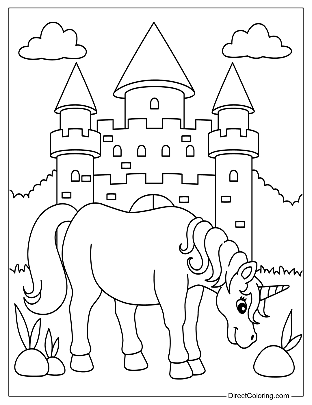 Unicorn with Castle Coloring Page