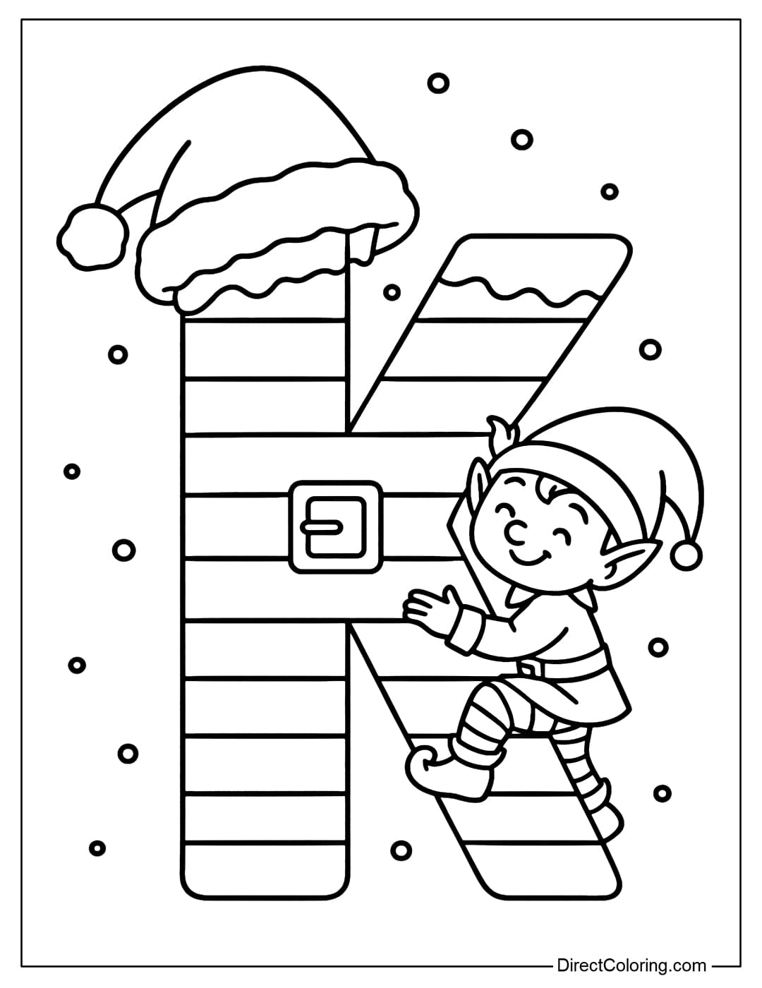 The Letter K Christmas coloring page is dressed in a striped outfit, with a Santa belt in the middle, a snow-covered Santa hat tilted on the corner, and a little elf is climbing up one side of the letter.