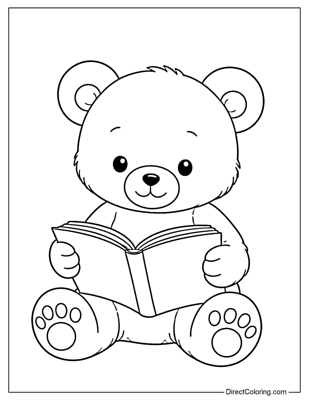 Coloring page of a teddy bear reading a book in a quiet sitting position.