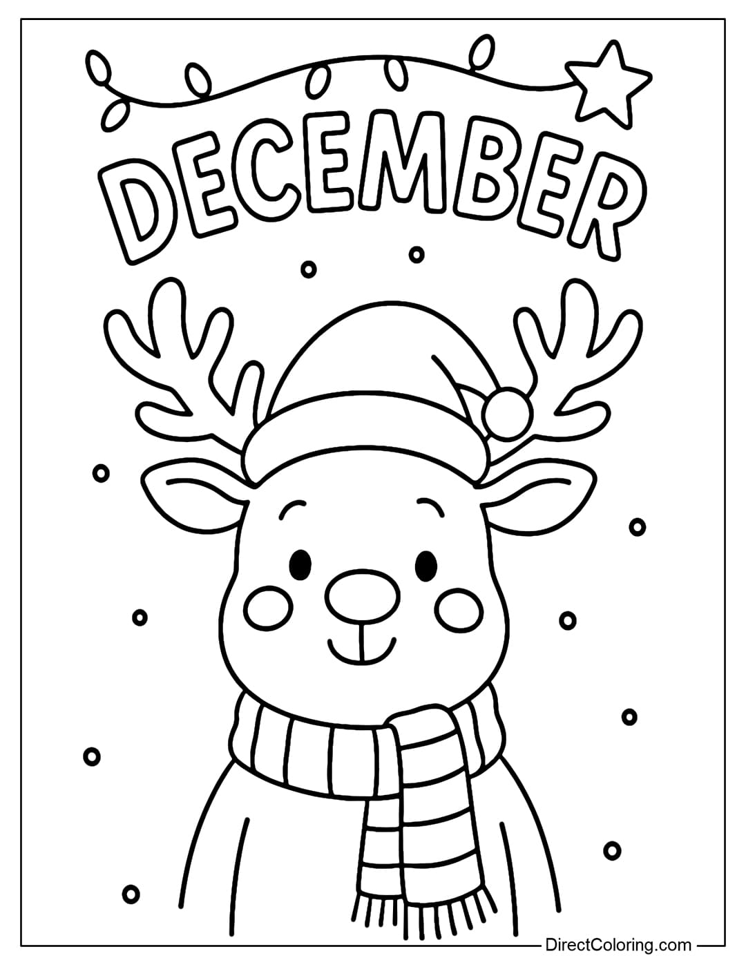 A cute reindeer coloring page wearing a Santa hat, next to the word December decorated with glittering lights and stars.