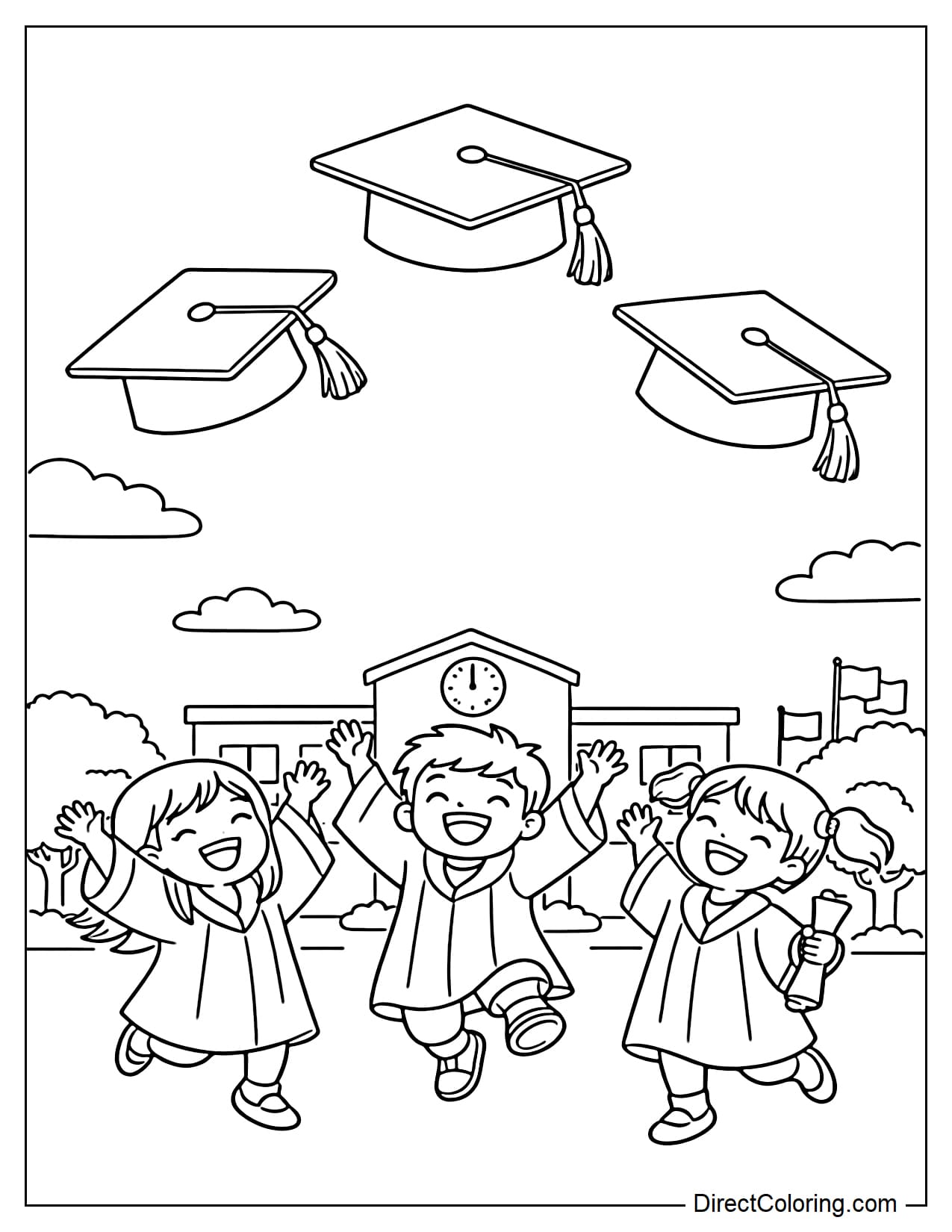 Three children are tossing their graduation caps high in the air; the caps are drawn large and clearly, against a simple schoolyard backdrop.