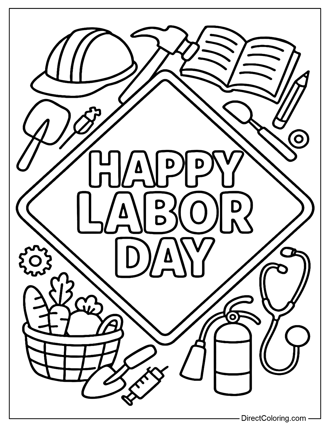 A coloring page with the words 