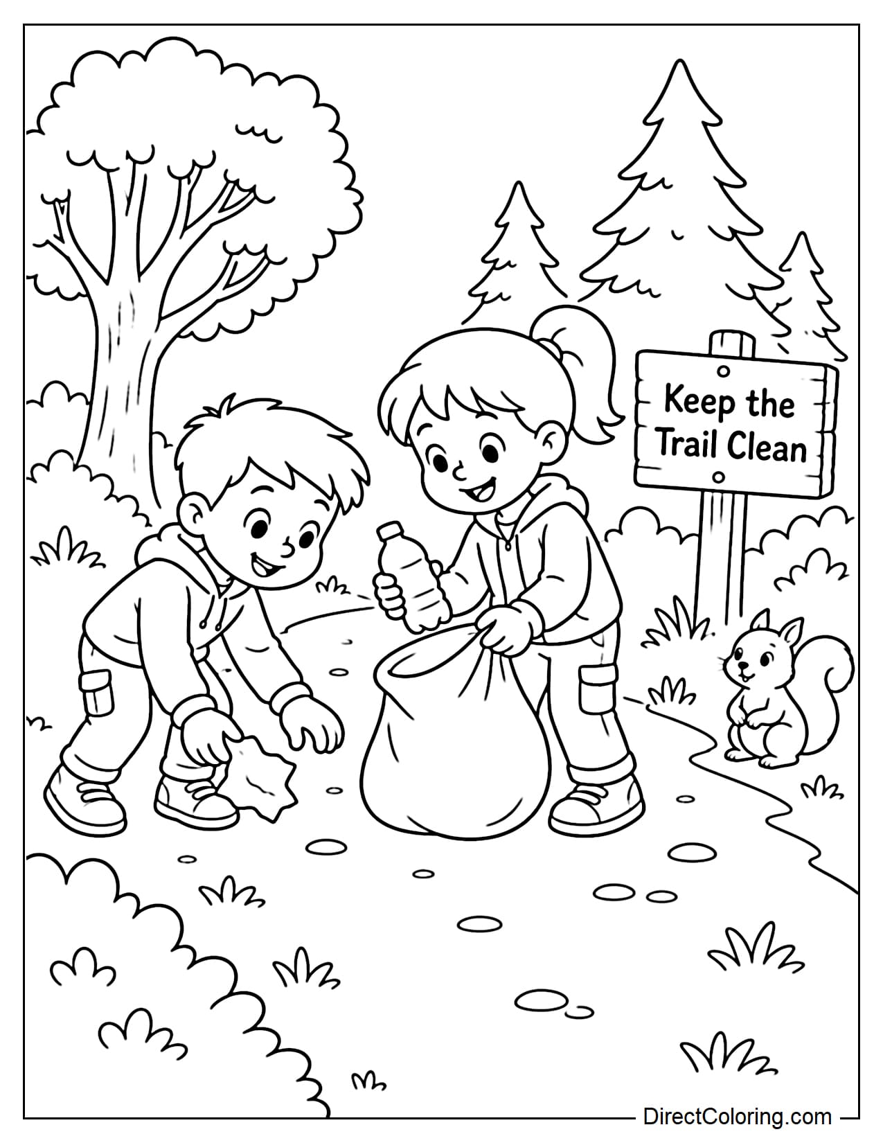 Two children are collecting paper and empty bottles to put into a collection bag while hiking in the forest. Beside them is a sign that says 