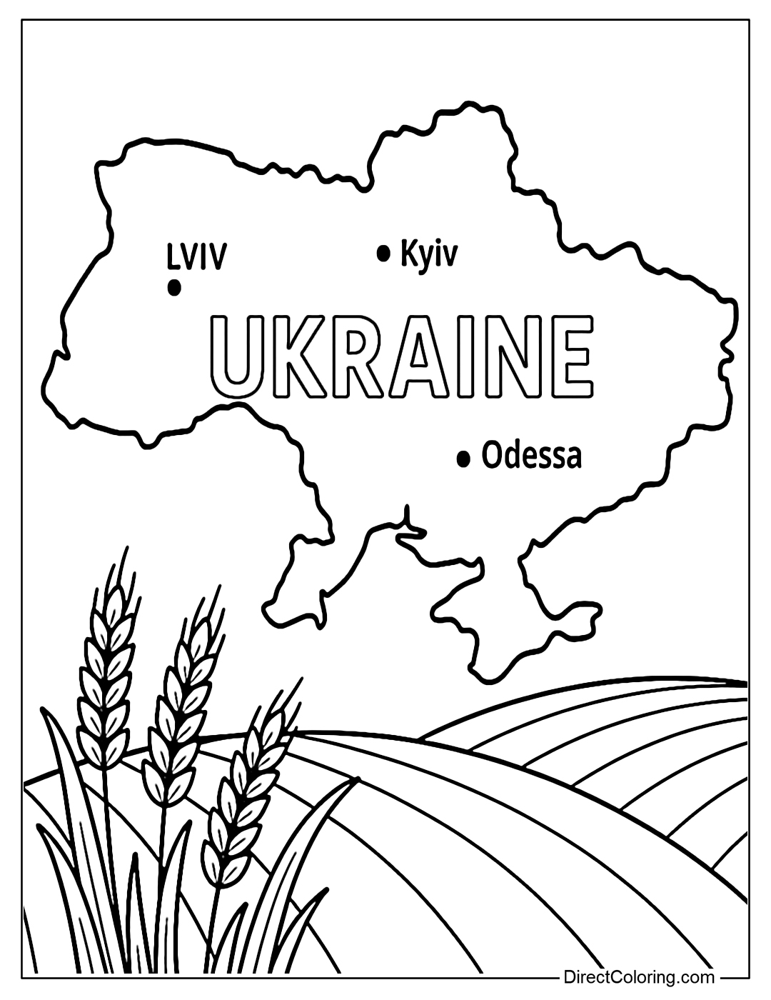 Simple map of Ukraine coloring page with Kyiv, Lviv, Odessa and rice fields marked.