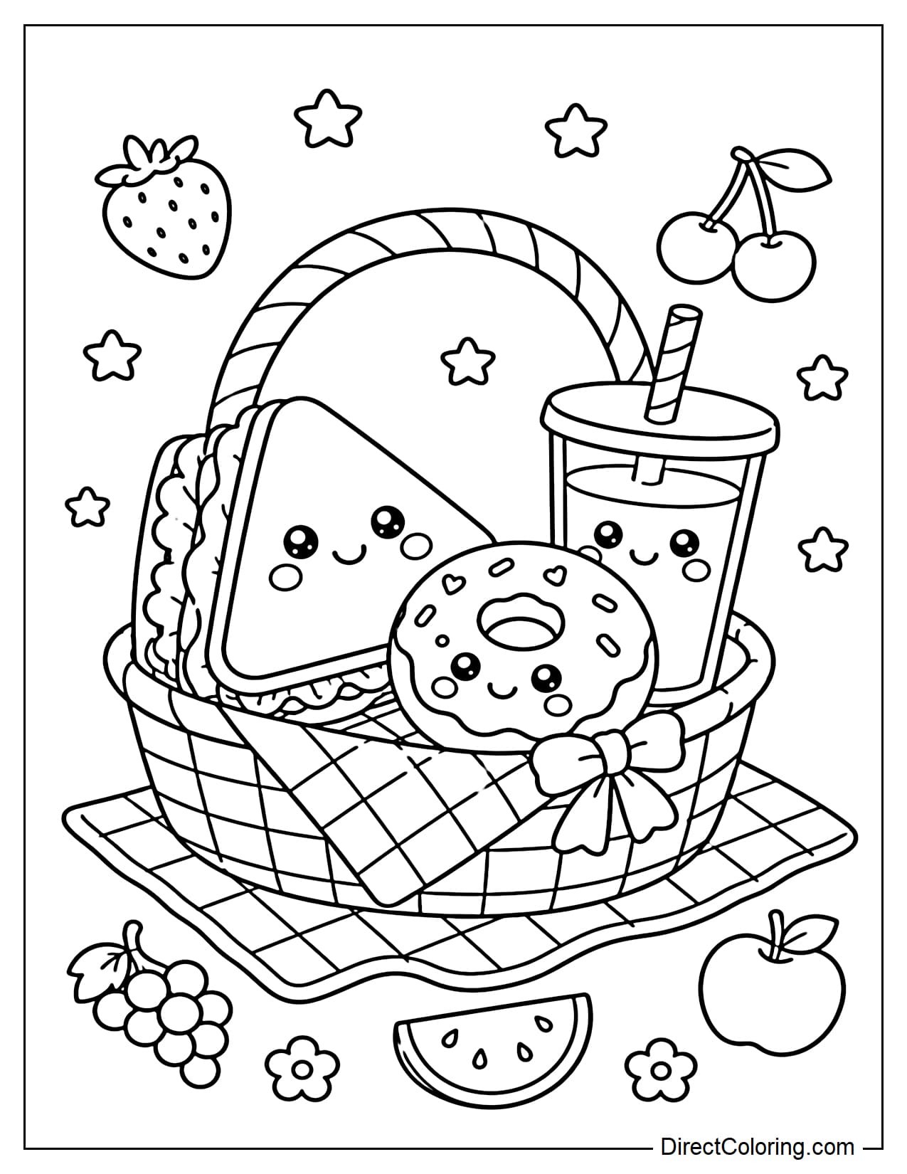 A picnic with sandwiches, donuts, and a glass of juice featuring adorable smiley faces, surrounded by small stars and mini fruits.