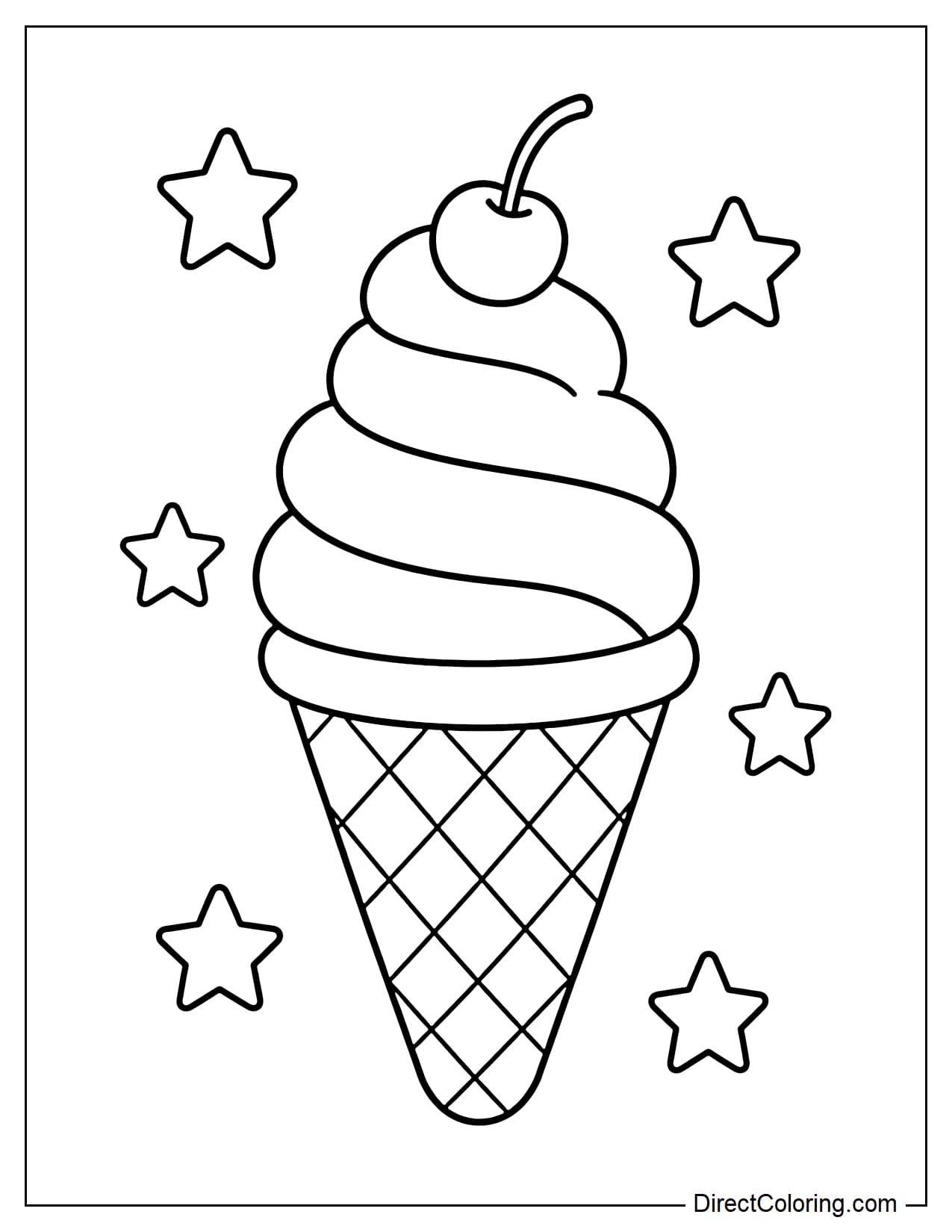 A soft-serve ice cream cone in a waffle cone, topped with a small cherry and a few simple stars.