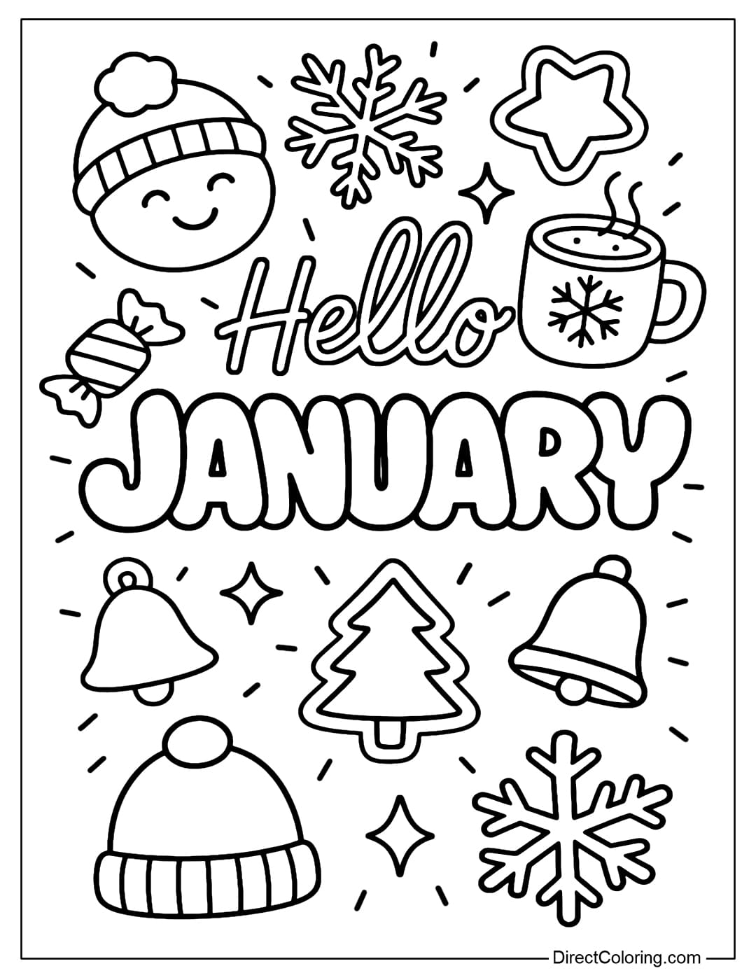 A coloring page with the word Hello January, surrounded by cute stickers such as snowflakes, stars, candies, cocoa cups, small bells, hats, and pine trees.