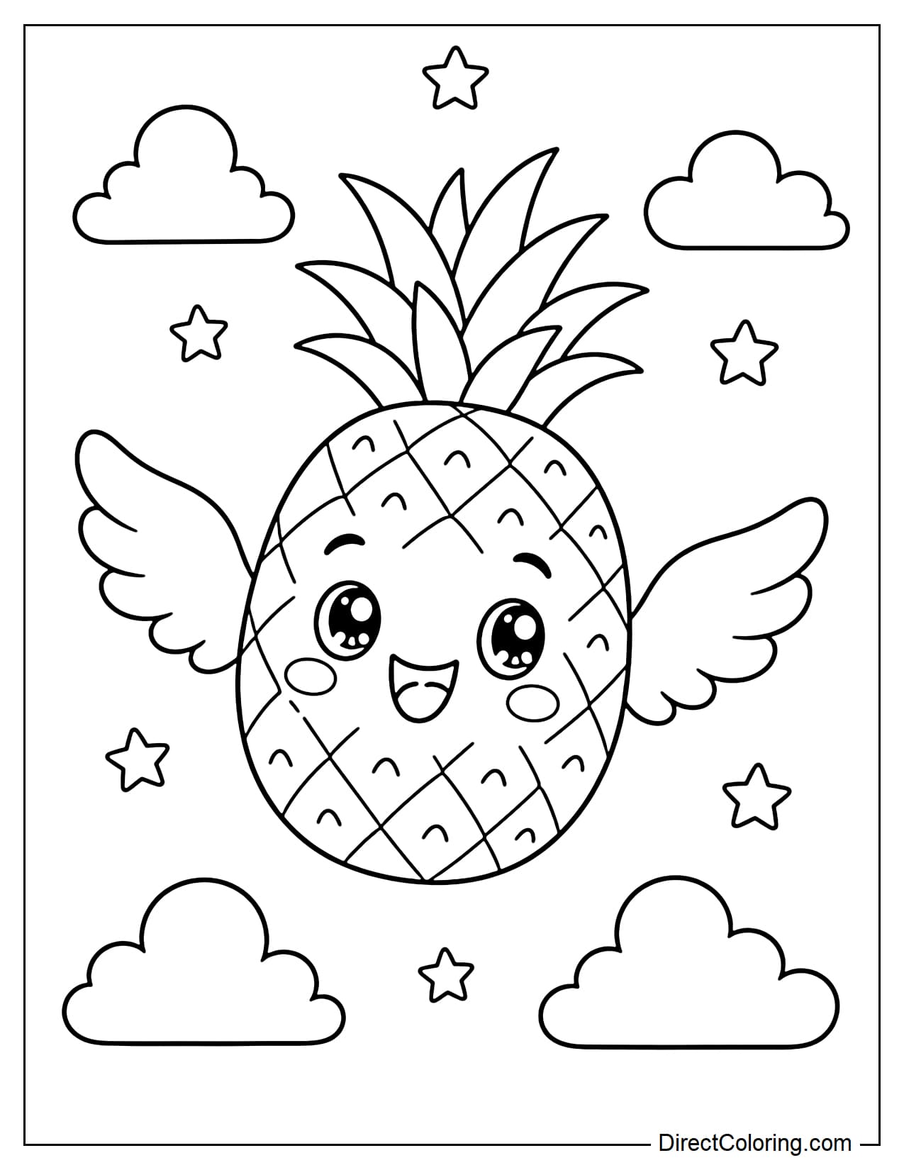 A cute pineapple with small wings is floating in the air, surrounded by stars and clouds.