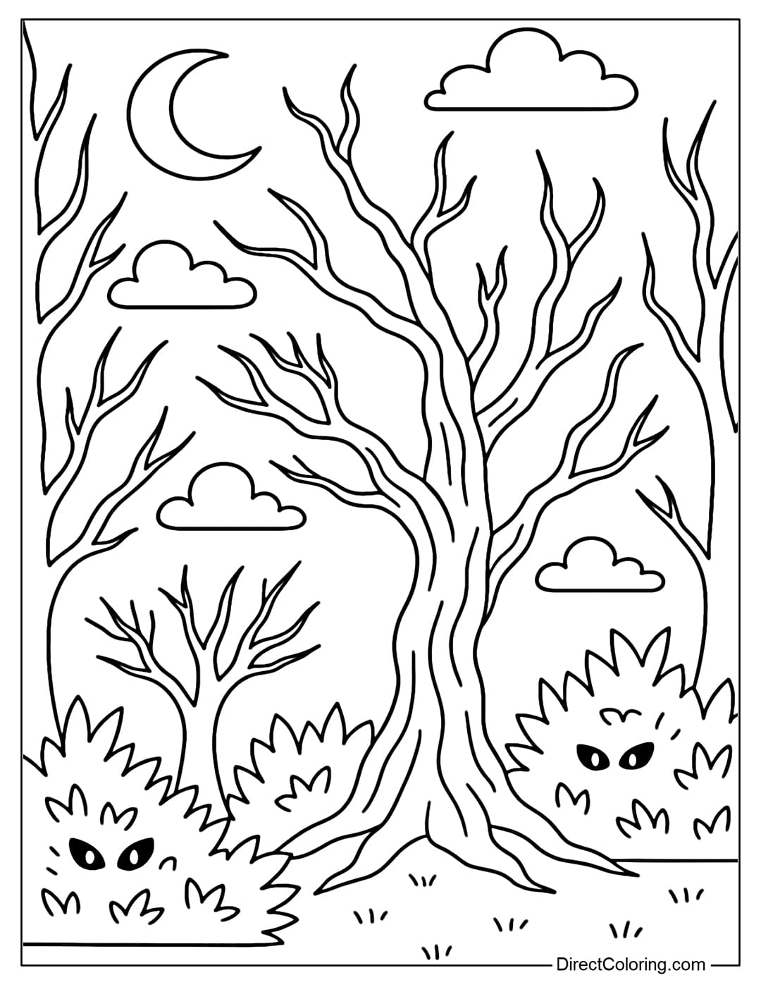 Scary Forest Coloring Page A spooky forest coloring page with gnarly trees, glowing eyes in the bushes.