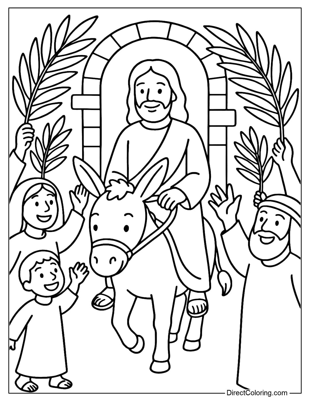 Jesus riding a donkey into the city, people waving palm leaves.