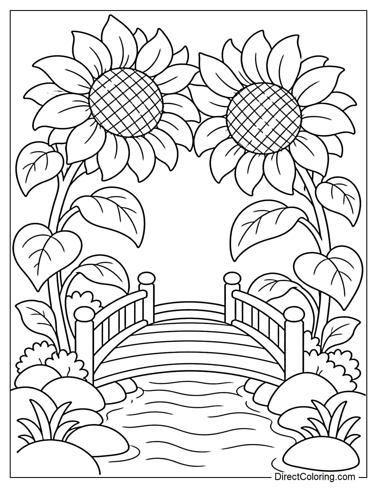 A small arched wooden bridge with low railings crossing a stream. Two giant sunflowers grow on either side, their tall stems curving toward each other to form a natural floral arch.
