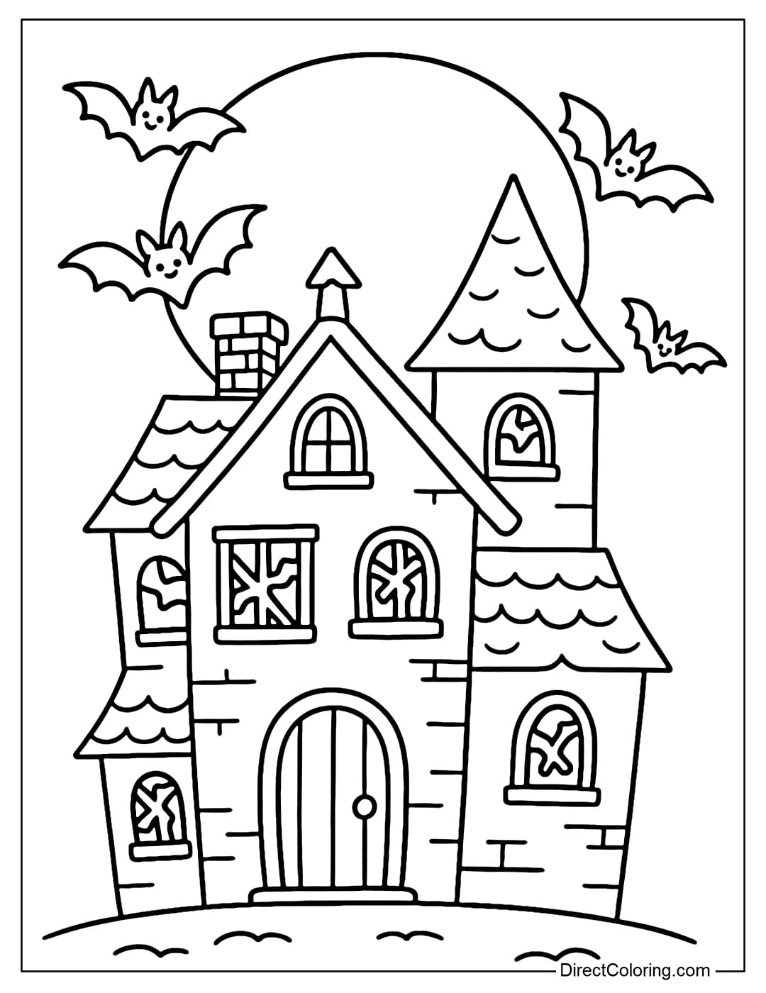 Haunted House Horror Coloring Page A haunted house coloring page with broken windows, a full moon behind, and a few bats flying around, but with a cute touch.