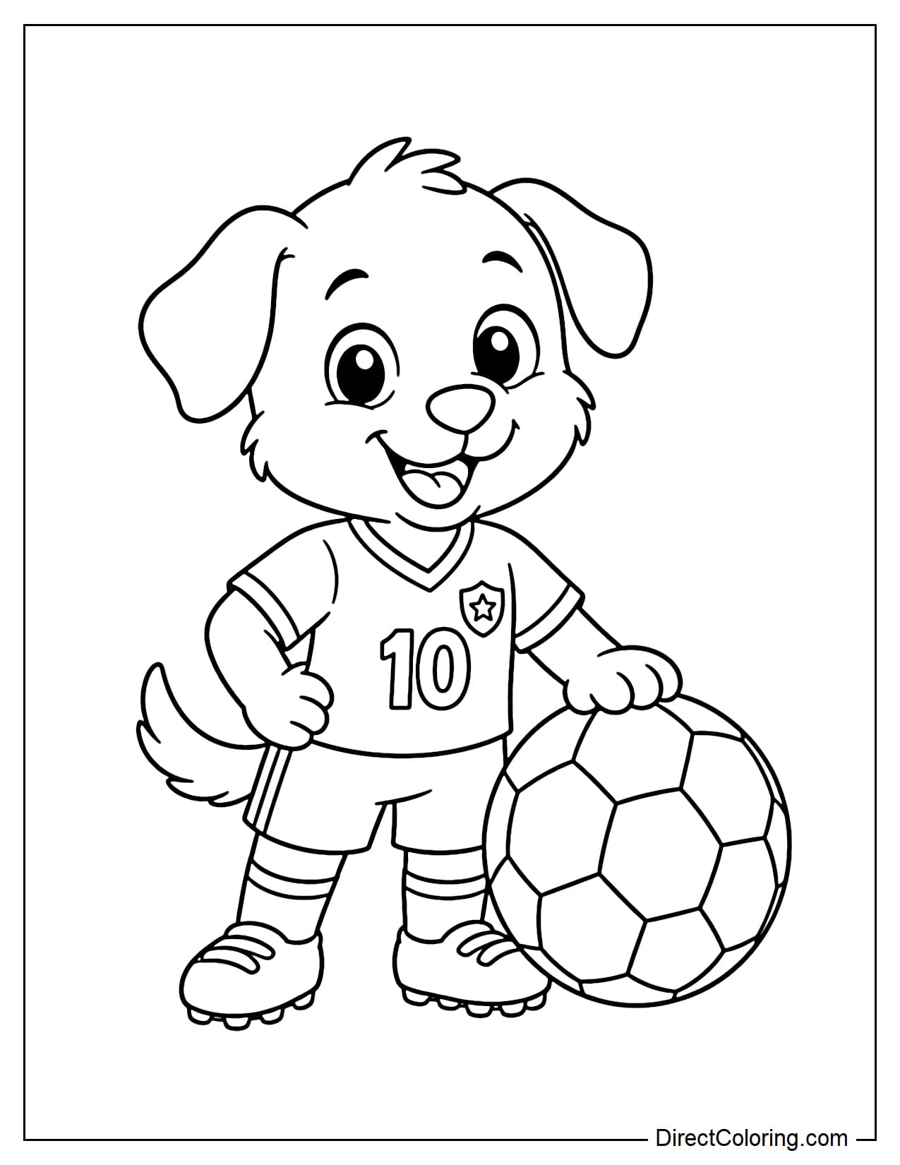 An adorable puppy wearing a soccer jersey and standing next to a large ball.